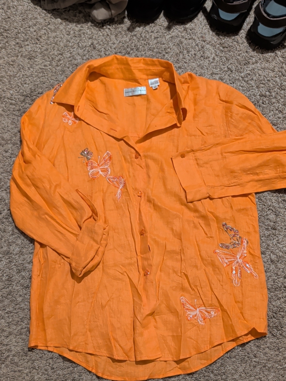 Dana Buchman Orange Button-Down Shirt with Embroidered Butterflies